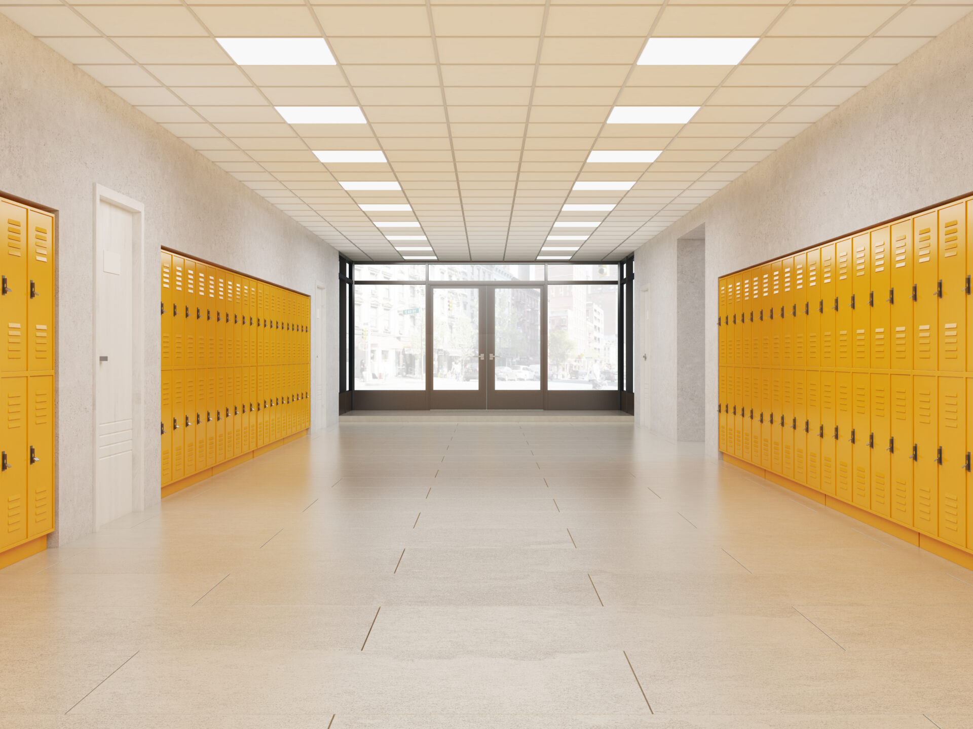 School lobby with bright yellow lockers. Fitness Gym. Concept of middle school. 3d rendering